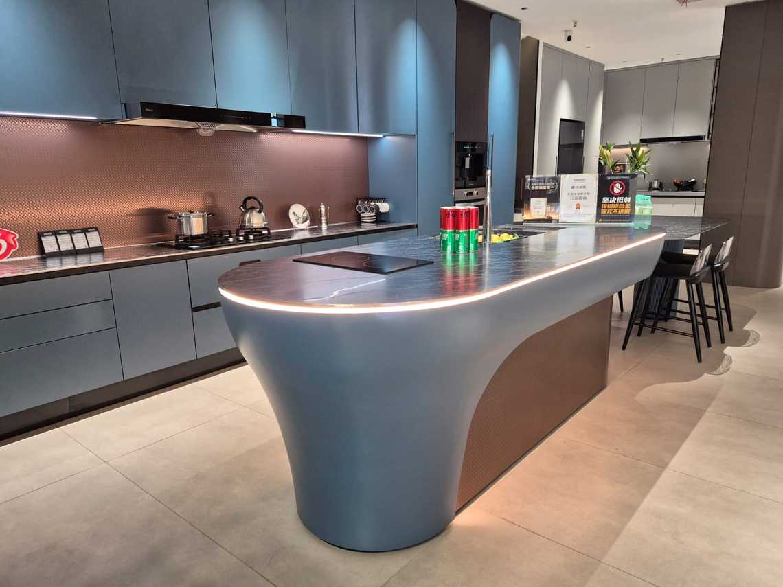 curved kitchen island in showroom