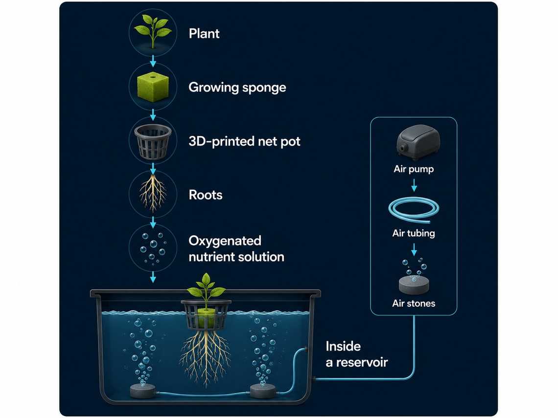 Deep Water Culture system showing the plant, growing sponge, 3D-printed net pot, roots, oxygenated nutrient solution, reservoir, air pump, tubing and air stones