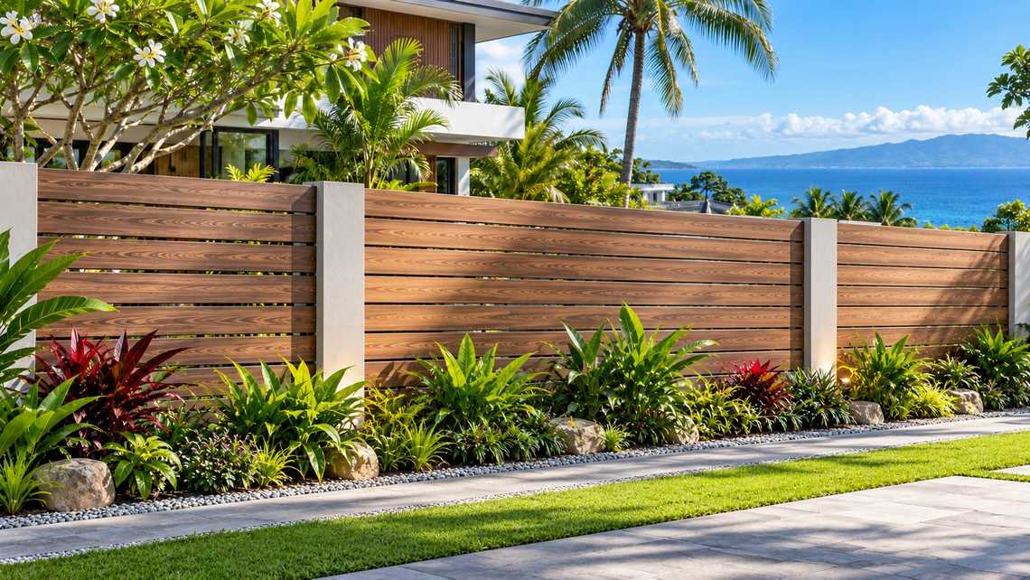 Wood-grain fibre-cement fence planks in a modern tropical garden