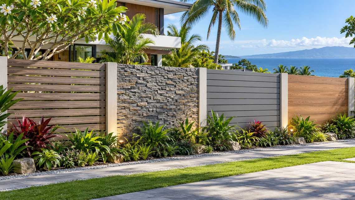 Comparison of wood-look aluminium, natural stacked stone, grey composite slats and wood-grain fibre-cement fence designs for a tropical Cebu garden