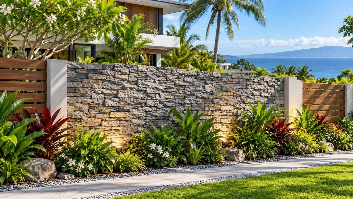 Grey stacked natural stone feature section in a tropical garden fence