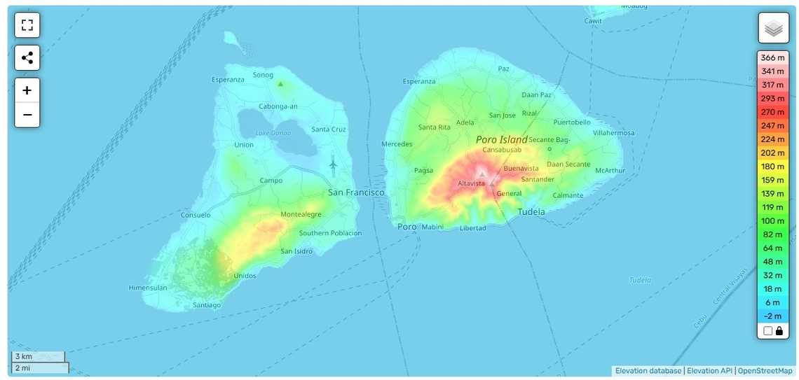 Camotes Islands elevation map showing safe zones above 150 meters