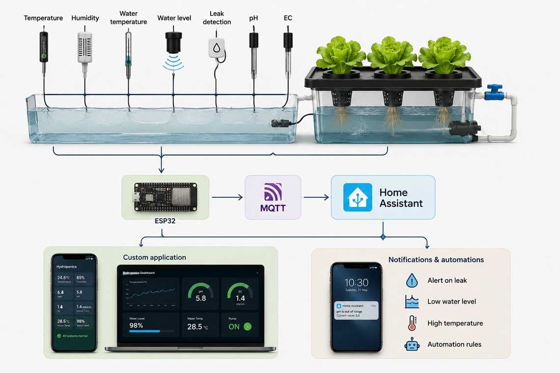 Future hydroponics automation architecture with temperature, humidity, water temperature, water level, leak, pH and EC sensors connected through an ESP32, MQTT and Home Assistant to dashboards, notifications and automation rules