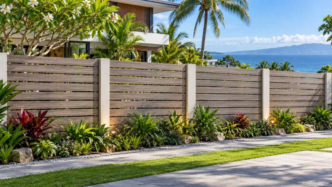 Horizontal wood-look aluminium fence slats in a coastal Cebu garden