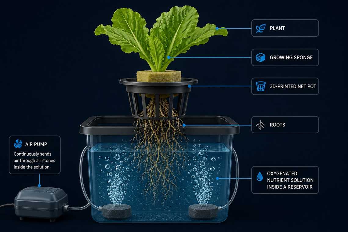 Lettuce plant supported by a growing sponge and 3D-printed net pot with its roots suspended in an aerated Deep Water Culture reservoir