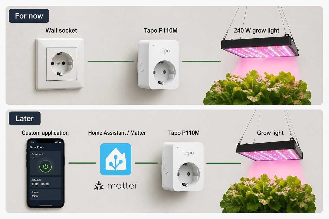 Grow-light control now using a wall socket and Tapo P110M smart plug, and later through a custom application, Home Assistant, Matter and the same smart plug
