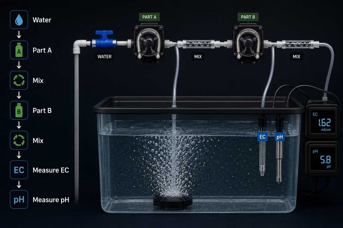 Hydroponic nutrient mixing sequence: water, add Part A, mix, add Part B, mix, then measure EC and pH