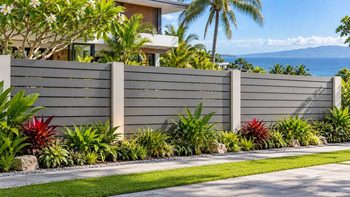 Grey outdoor WPC composite fence boards with tropical planting