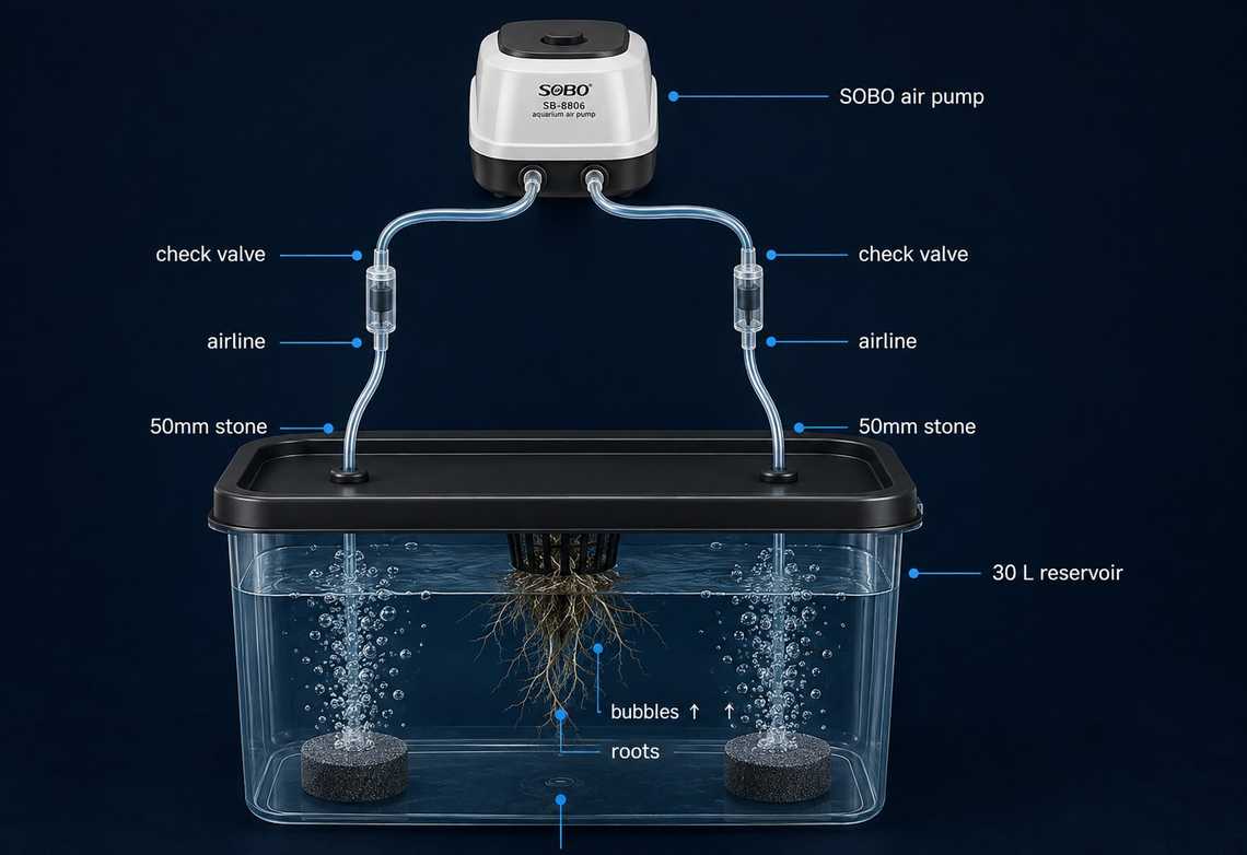 SOBO dual-outlet air pump connected through two check valves and airlines to two 50 mm air stones inside a 30 L hydroponic reservoir